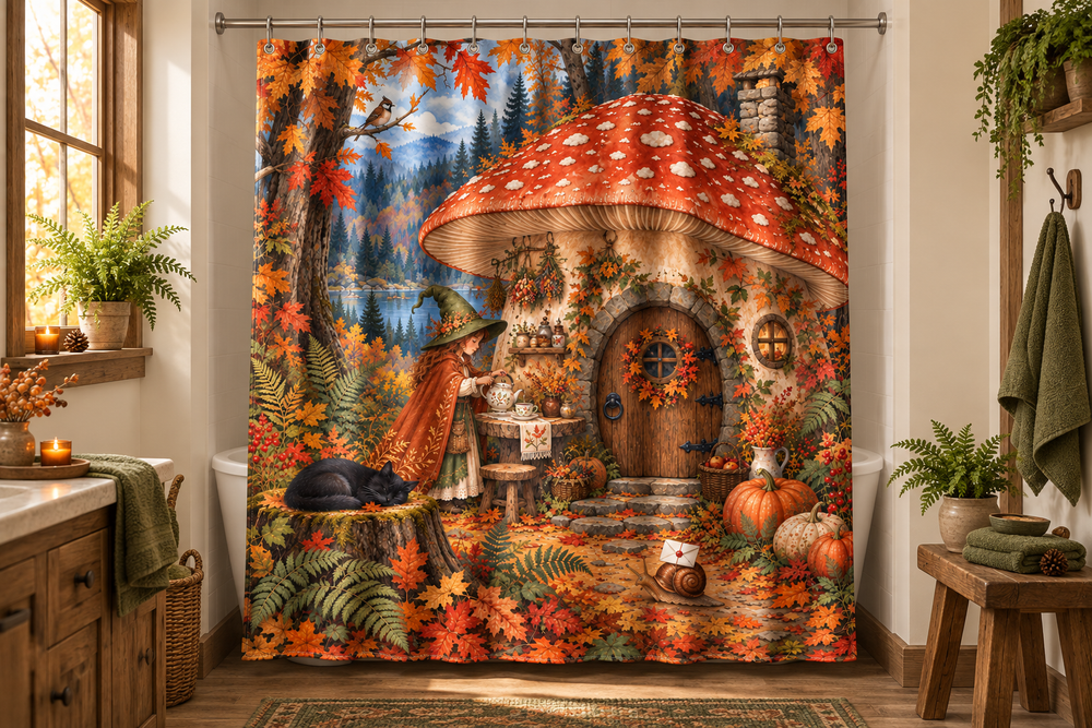 Autumn Mushroom Witch Printed Shower Curtain