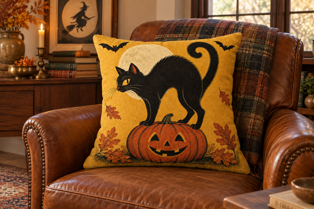 Retro Black Cat Halloween Printed Pillow Cover