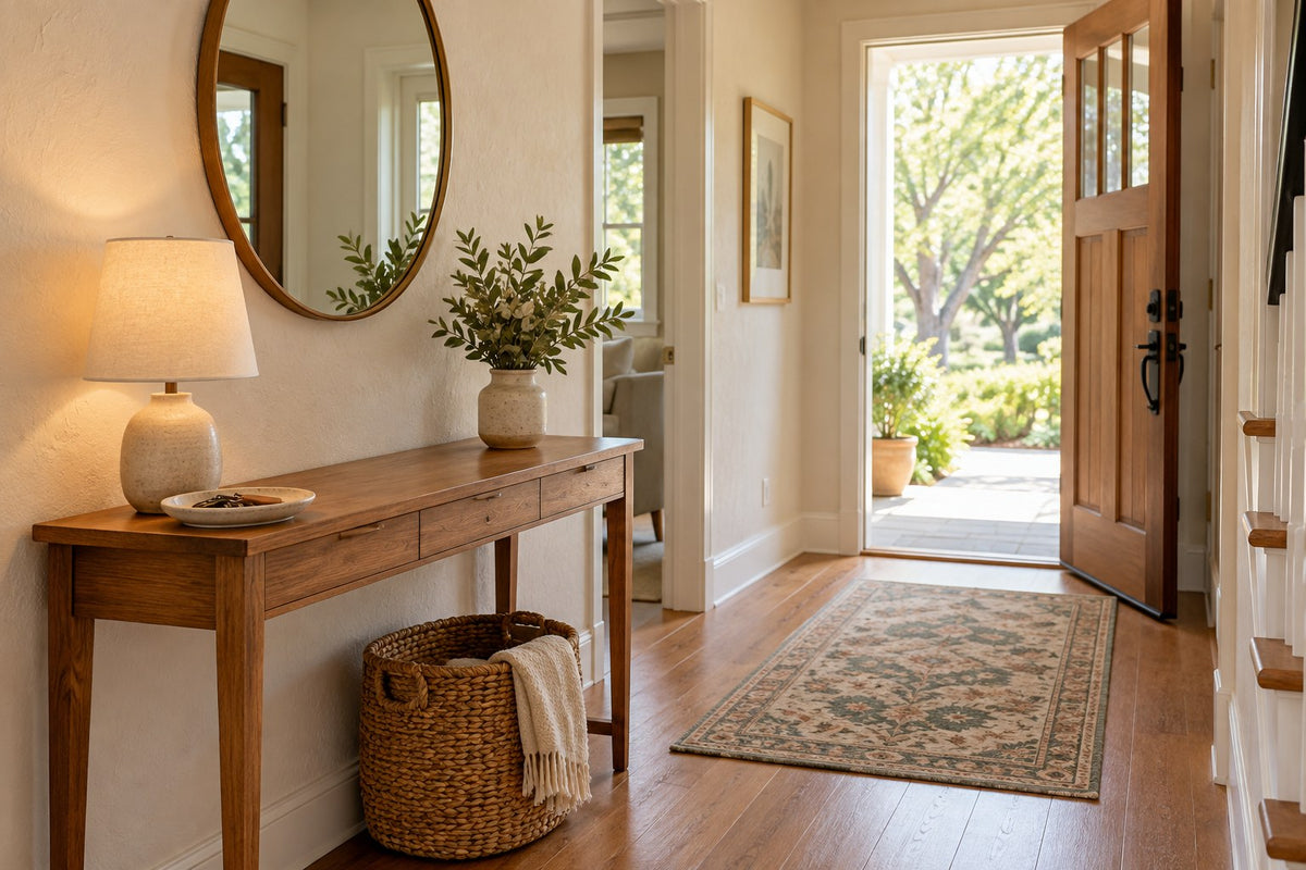 Functional entryway console with a key tray, small lamp and clear landing space.