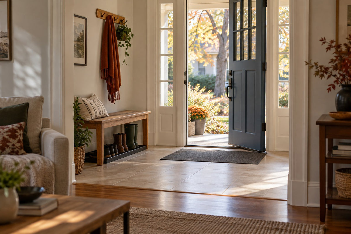 Warm entry hall with a small flat charcoal mat, an open blue front door and a boot tray beside the bench.