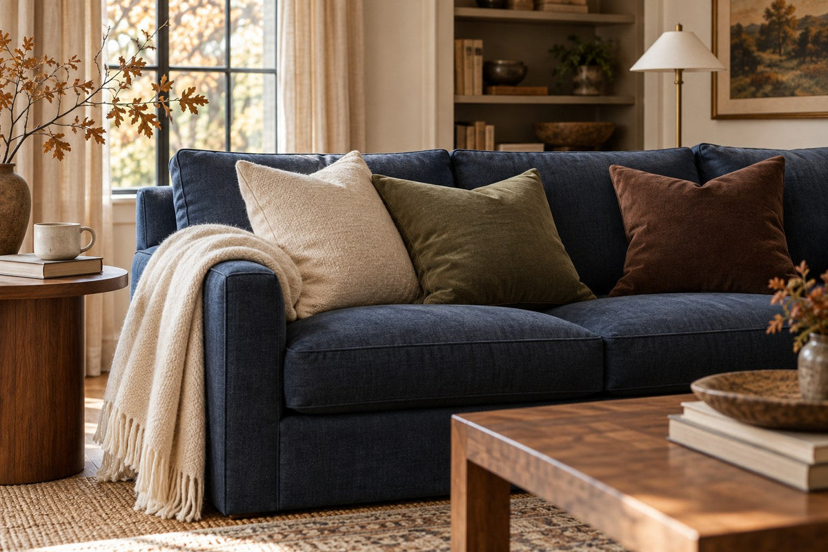 Navy blue sofa with oatmeal, olive and cocoa pillows beside an ivory throw in an autumn living room; AI-generated styling illustration.