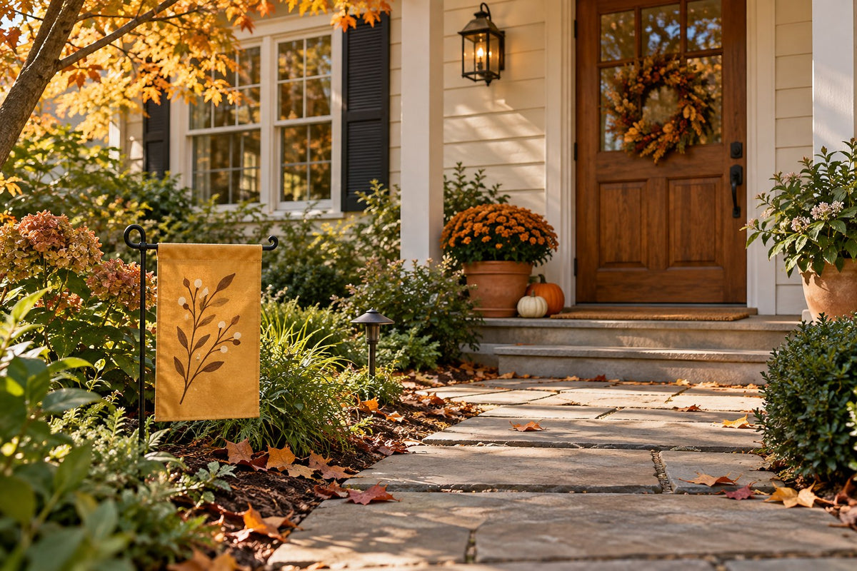 Small ochre garden flag beside a clear path leading to a cottage porch in autumn.