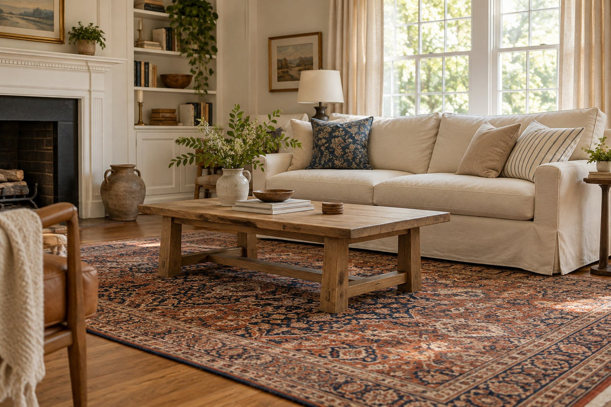 Collected living room with a patterned rug and restrained sofa pillows.