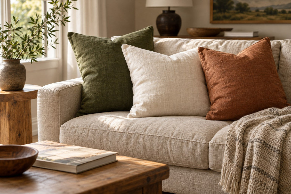 Moss green, ivory and terracotta throw pillows arranged on an oatmeal sofa beside a wooden table.