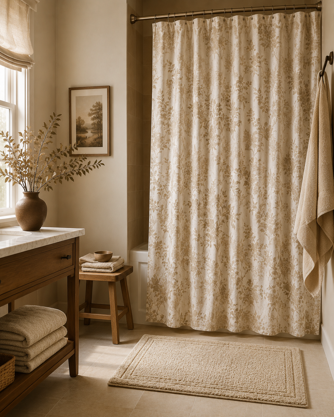How to Match a Shower Curtain, Bath Mat, and Towels Without Making the Bathroom Look Too Coordinated