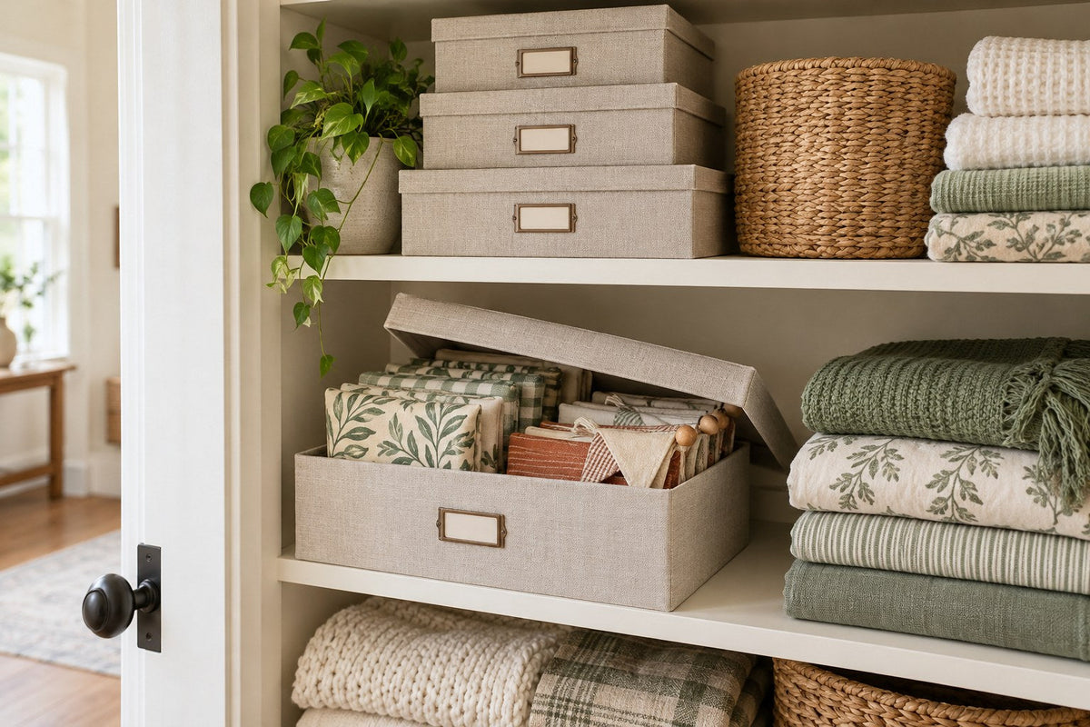 Shallow seasonal textile storage boxes on an indoor closet shelf.