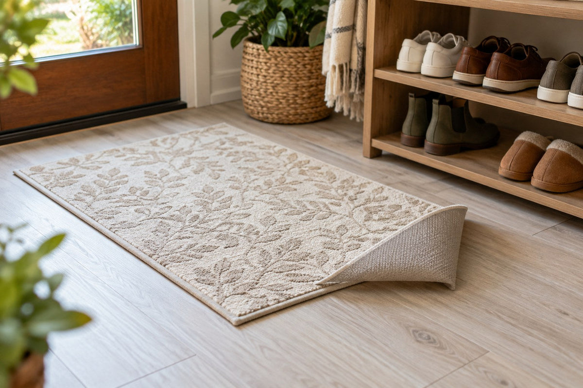 Small mat with its underside visible on a vinyl plank floor.