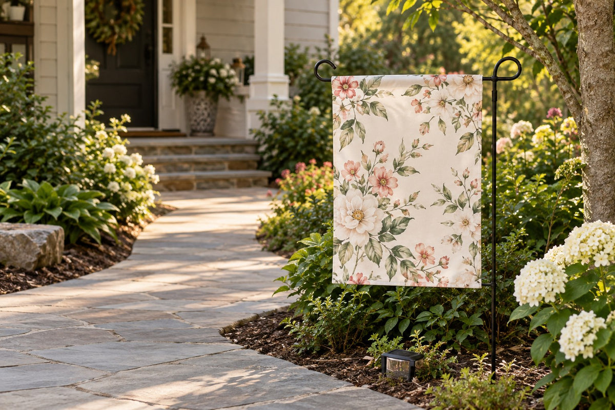 A decorative flag beside a path with two viewing directions.