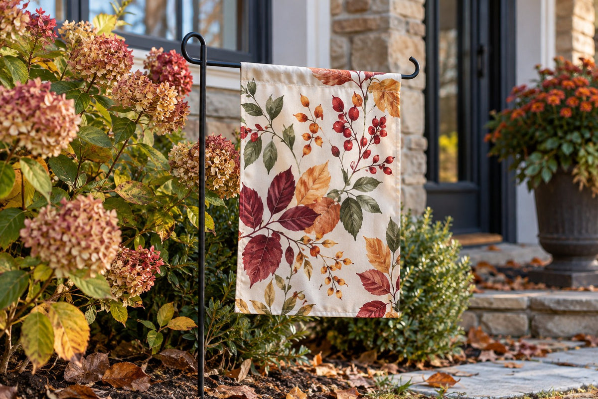 Small botanical garden flag hanging from a horizontal stand arm.