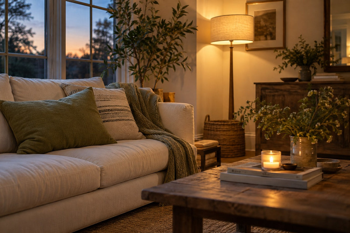 Textiles viewed where daylight and a warm room lamp overlap.
