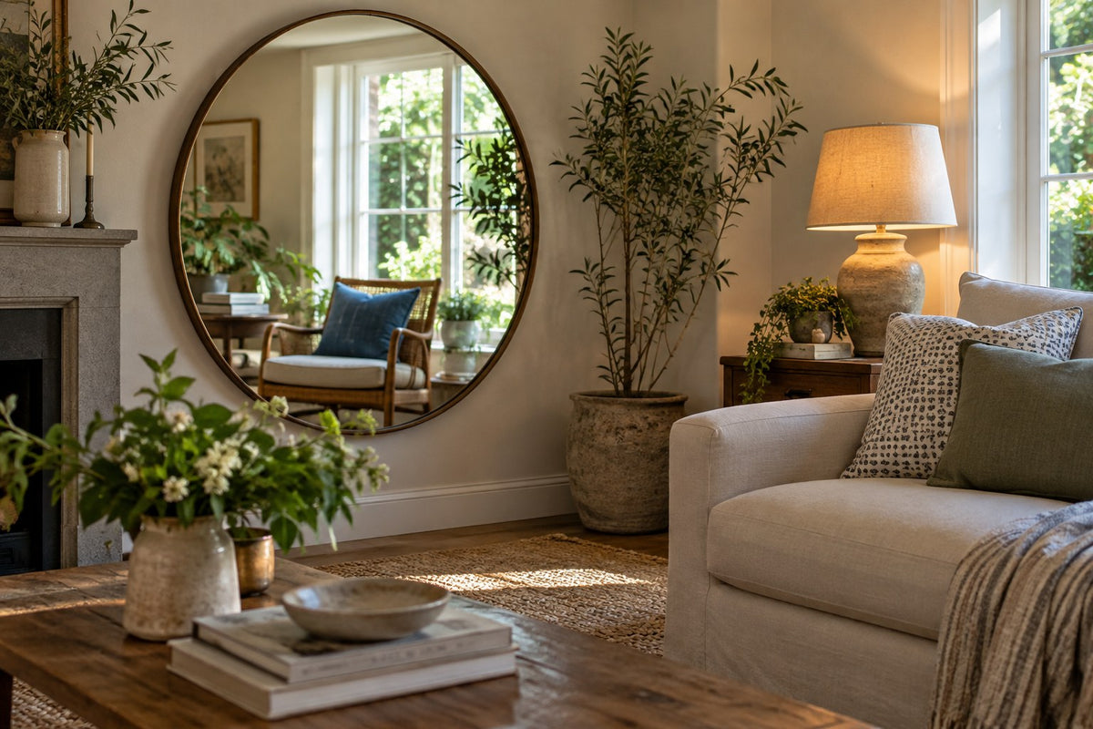 Wall mirror reflecting a window and a quiet seating corner.