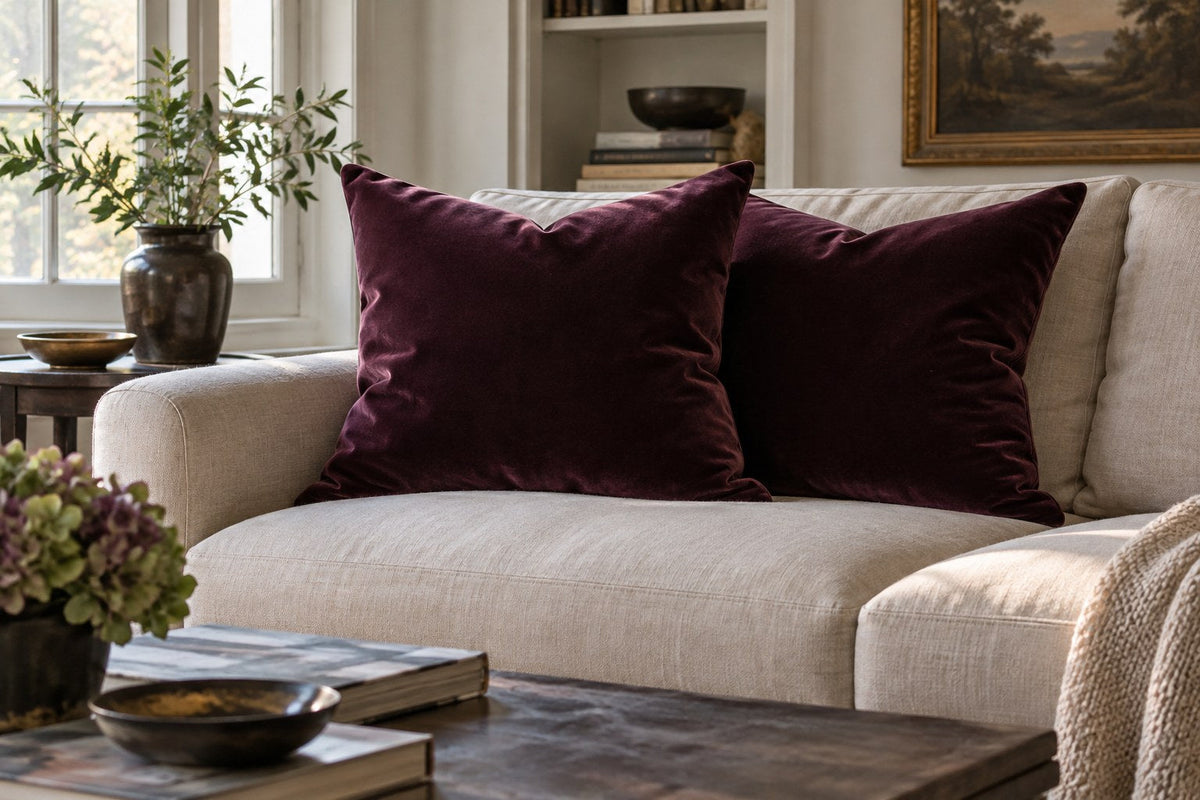 Velvet pillows showing directional sheen beside a living room window.