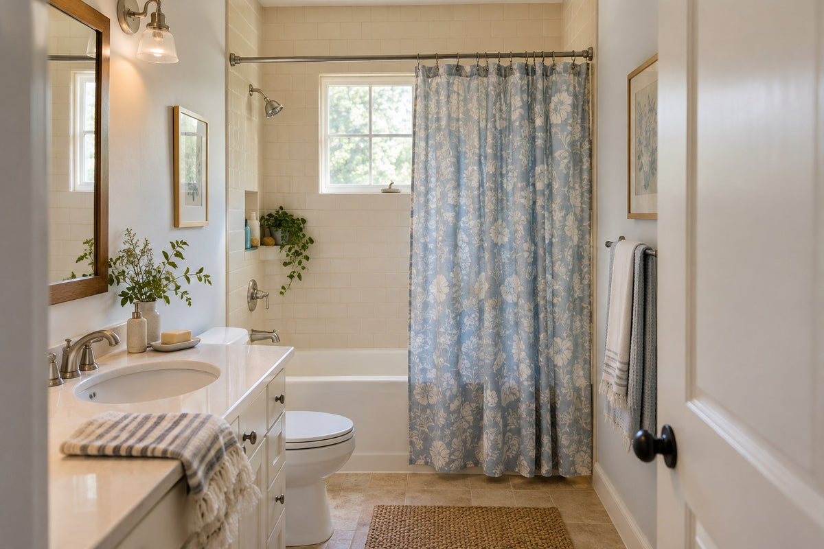 Compact bathroom with a fabric shower curtain hung from metal rings.