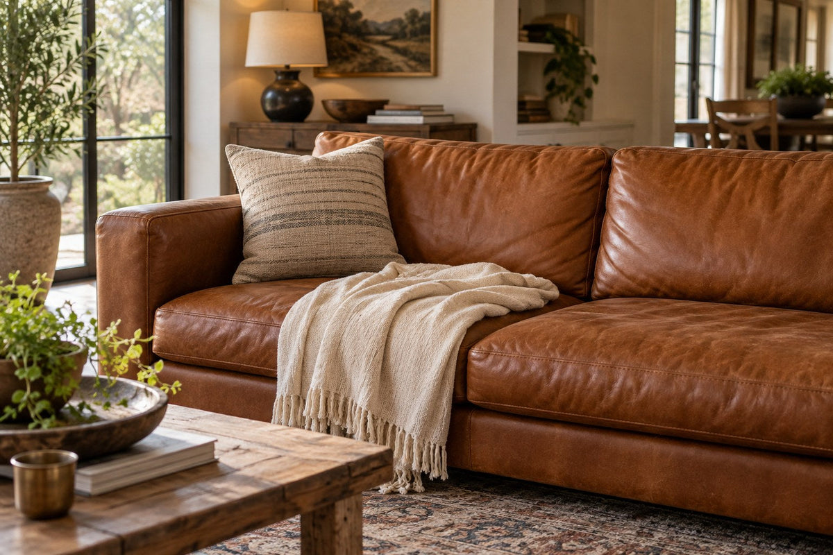 A decorative pillow supported near the arm of a leather sofa.