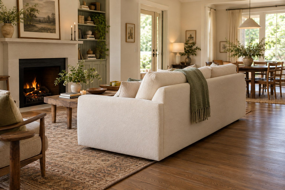 The exposed back of a sofa facing an adjoining dining area.