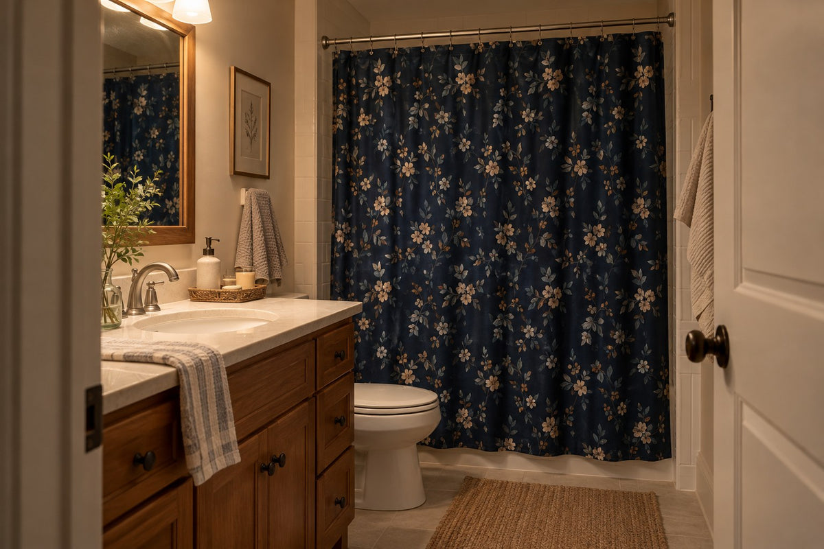 A bright vanity beside a tub enclosed by a dark patterned shower curtain.