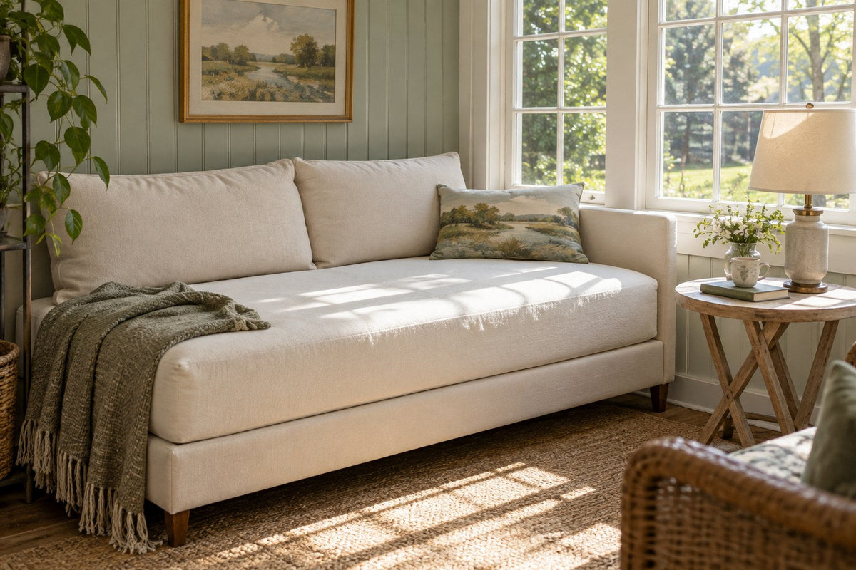 A daybed reading corner keeps visible sitting space in front of a modest support-cushion arrangement.