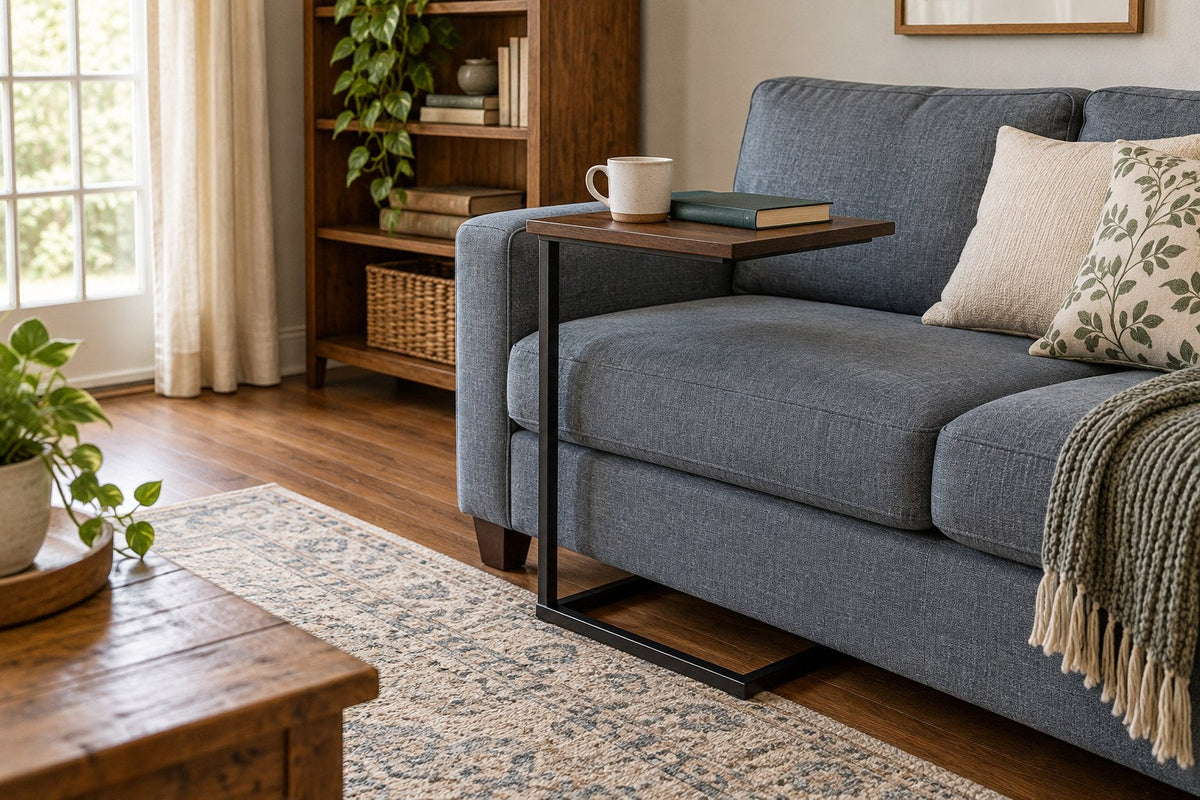 A compact C-table provides a cup surface beside a sofa while keeping the route visible.