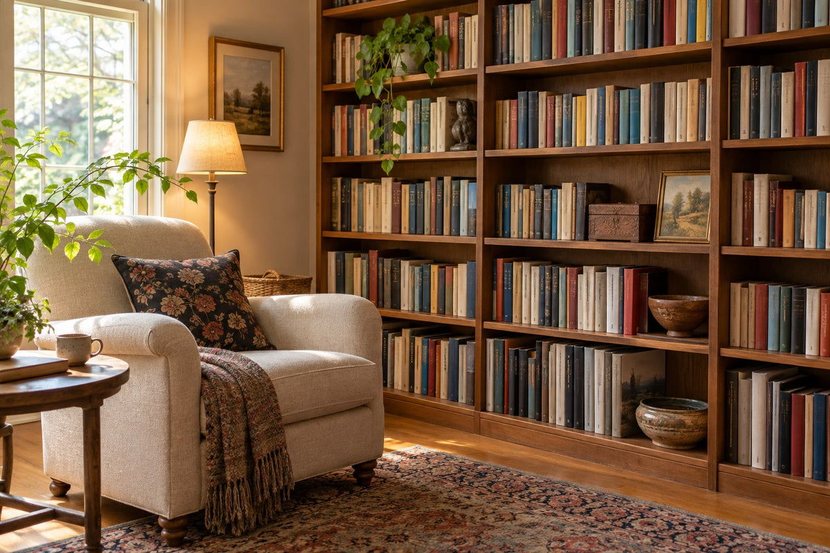 A genuinely full bookcase looks orderly with aligned spines and room to reach the books.