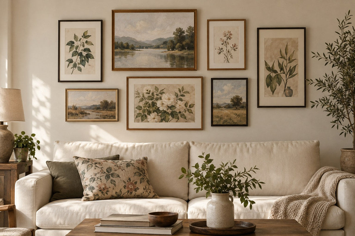 Different-sized framed artworks form a considered group above an existing sofa.