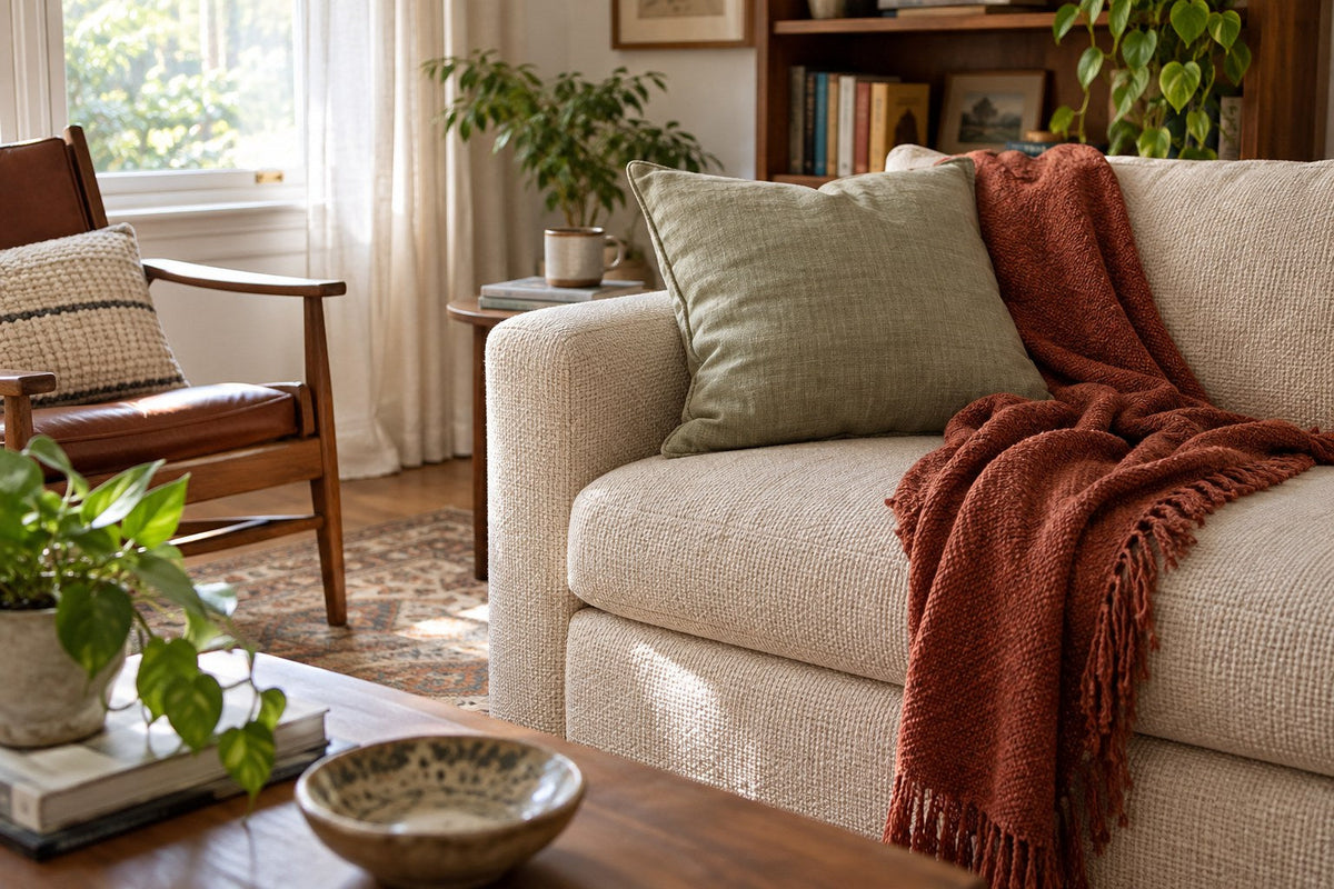 A pale cushion touching a rust-colored throw on a cream sofa.