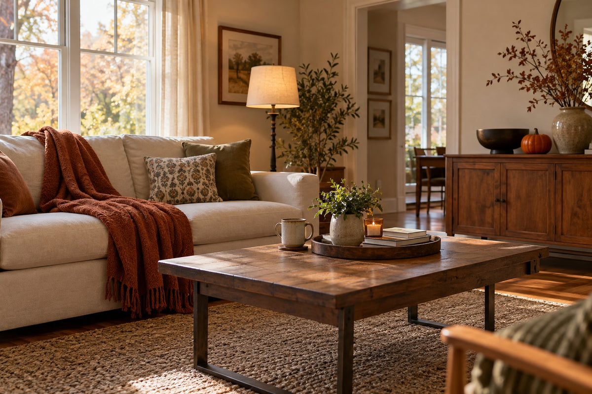 Quiet late-autumn living room with a rust throw and one plain decorative pumpkin