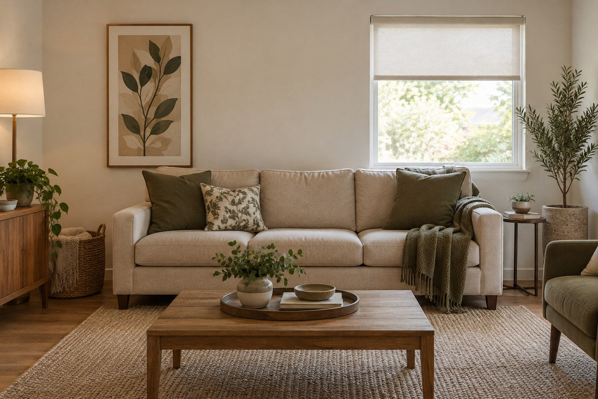 A sofa beneath an off-center window with a vertical artwork on the blank side of the wall.