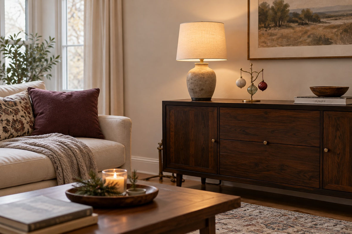 Small apartment Christmas display on a sideboard with room left for the lamp and books