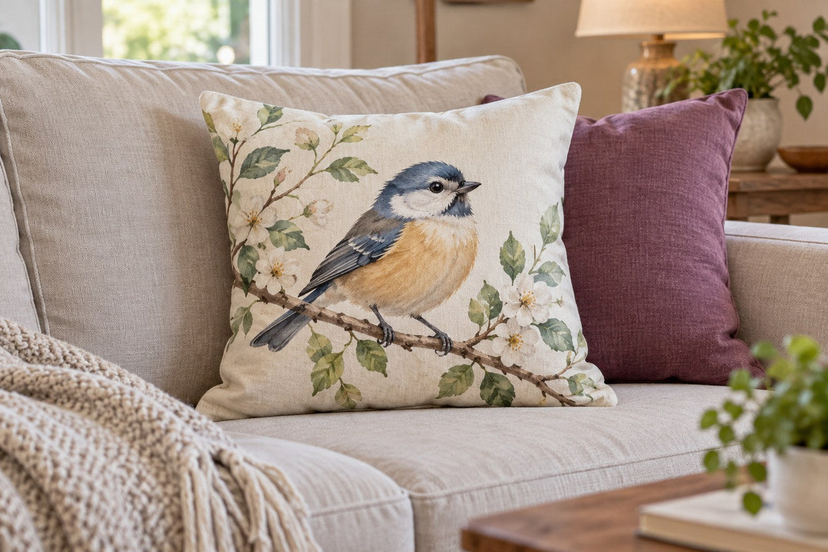 An illustrated bird pillow leaning naturally beside a plain plum cushion.