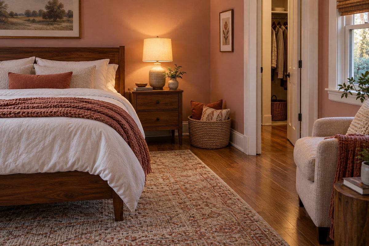 Decorative bed pillows in a lined basket beside a bed, leaving the chair and walkway clear.