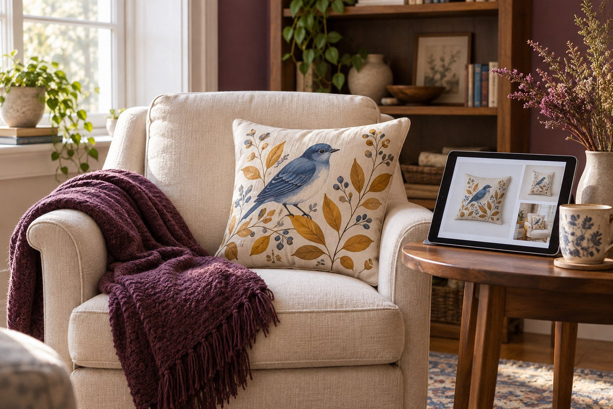 An illustrated bird pillow beside a tablet used to compare product-gallery views.