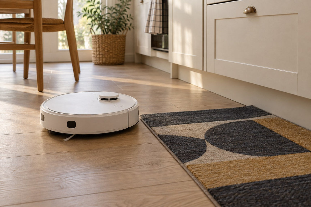 An unbranded robot vacuum beside a flat dark-and-ochre patterned kitchen mat.