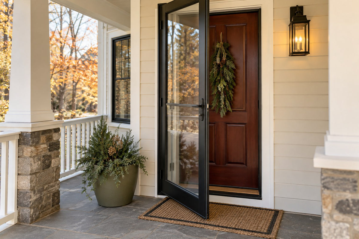 Small front porch with a glass storm door and a restrained evergreen door accent