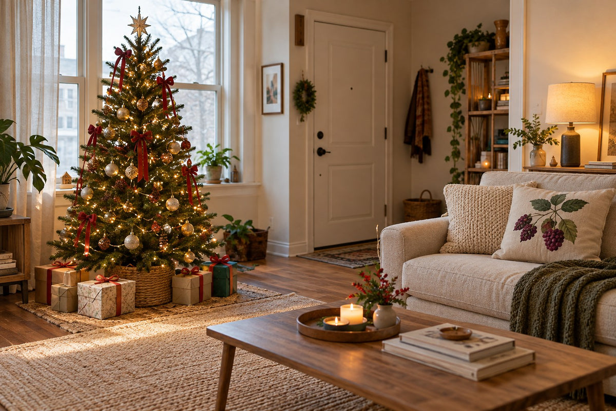 A modest Christmas tree fits beside the window while the sofa and walking route remain usable.