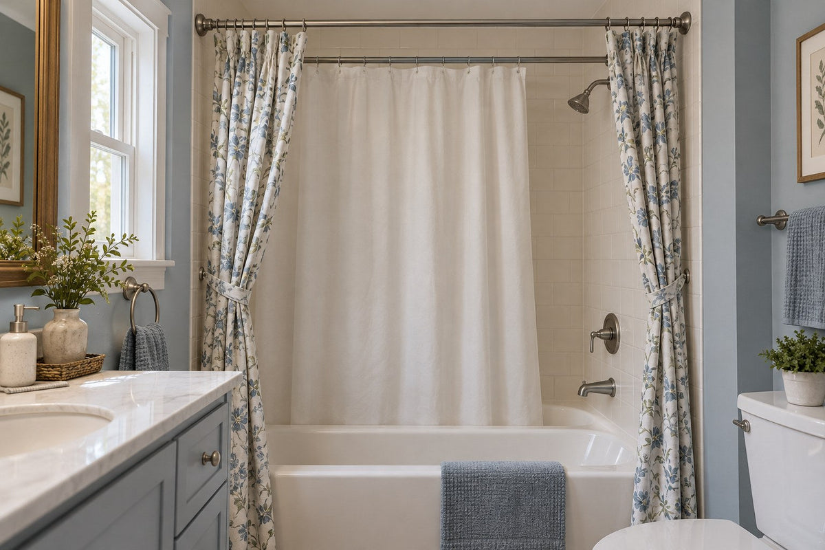 Two outer curtain panels frame a tub with a continuous liner on a separate inner rod.