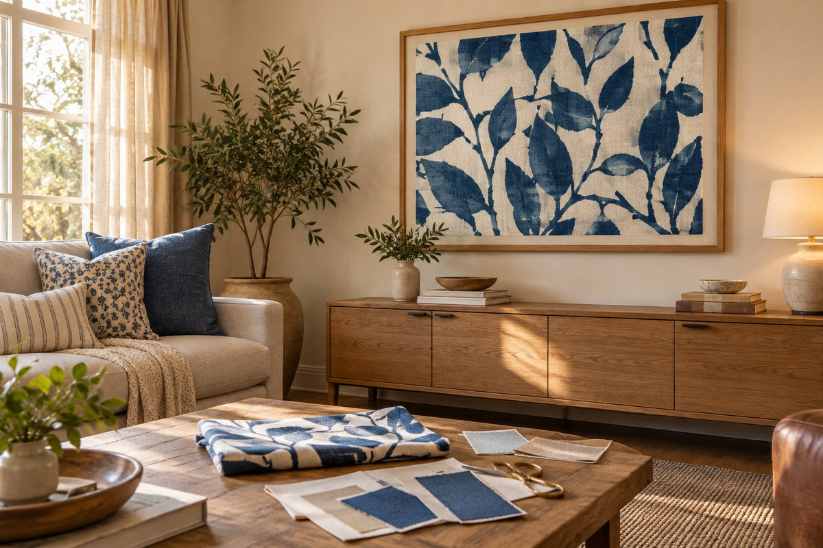 A large framed botanical textile above a cabinet with planning materials on a nearby table.