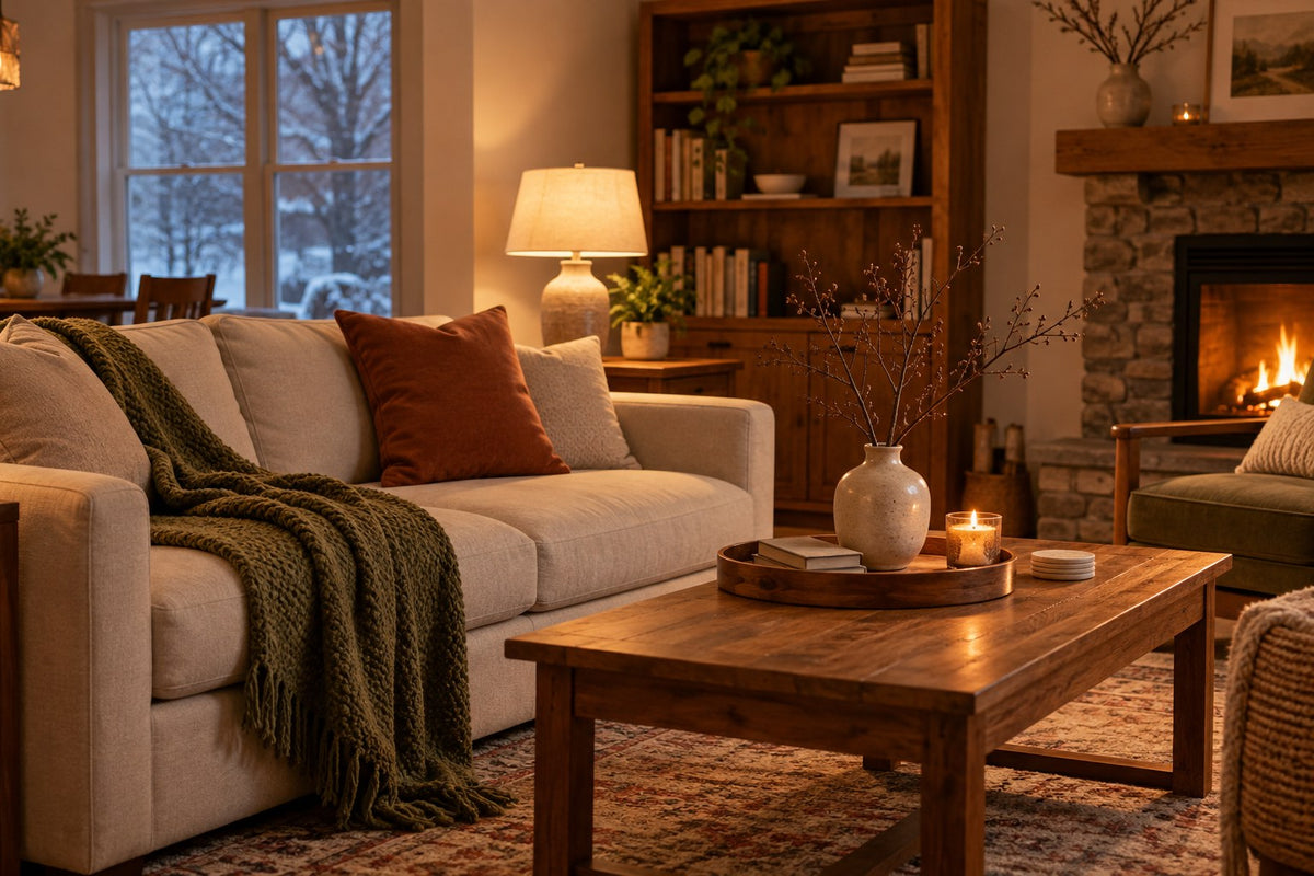 Warm winter living room with cream, rust, green and a useful reading lamp