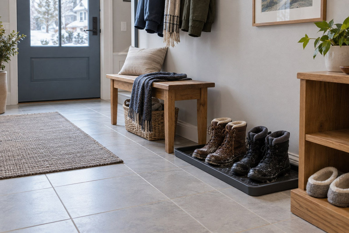 Small entryway with wet boots in a raised-rim tray and dry footwear stored separately