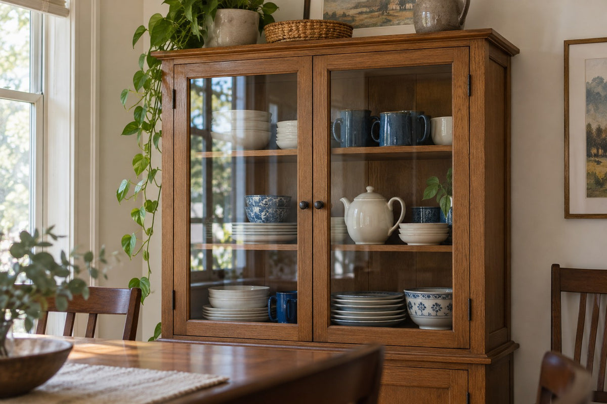 White bowls and blue mugs seen through the closed doors of an oak cabinet.