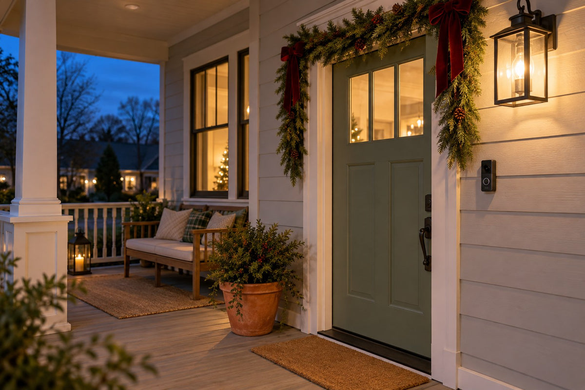 A decorated front porch at dusk with a doorbell camera and a clear visitor approach.