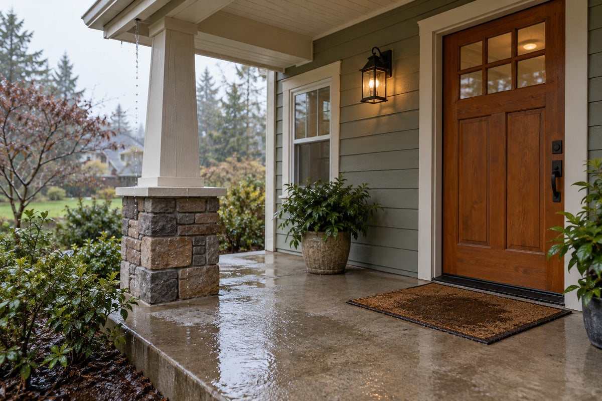 A wet doormat and damp front landing beneath a covered porch after rain.