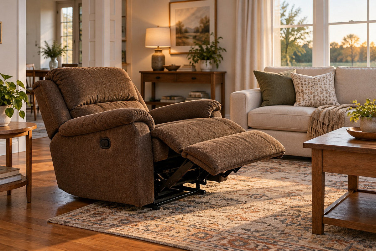 An open brown recliner with surrounding furniture and a clear walking route.