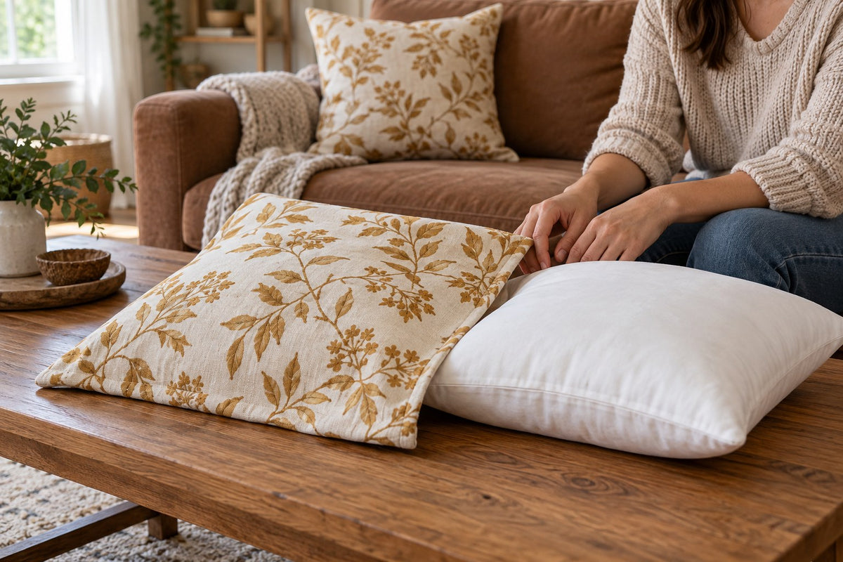 A decorative pillow cover and its insert rest on a table for a closure check.