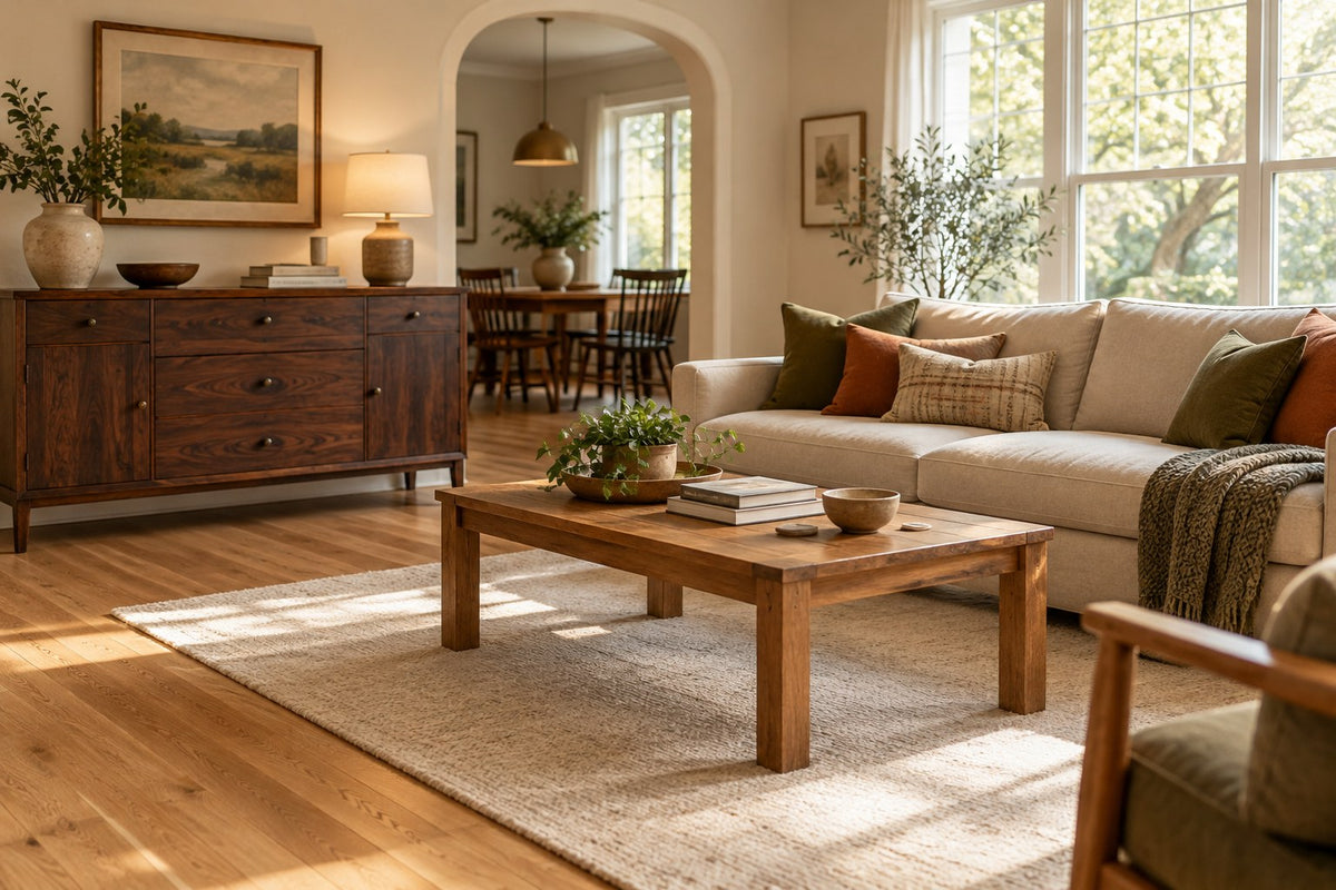 Living room combining pale wood flooring with darker furniture and calm textiles.