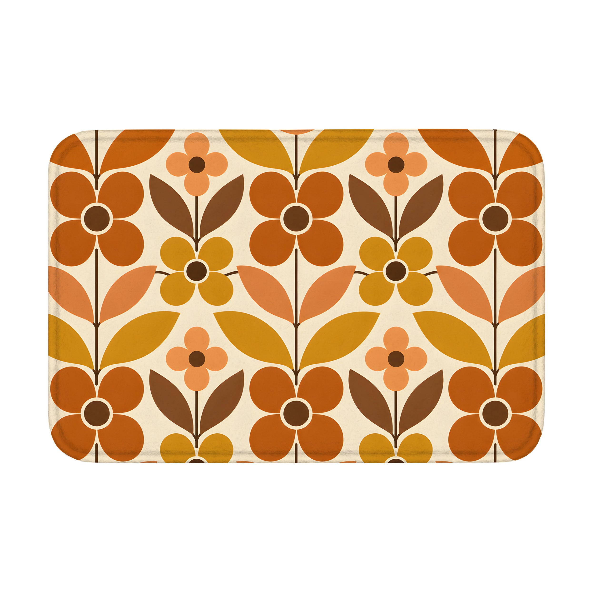A rectangular mid-century modern style doormat with a bold geometric floral pattern in retro burnt orange, mustard yellow, and brown on a cream background.