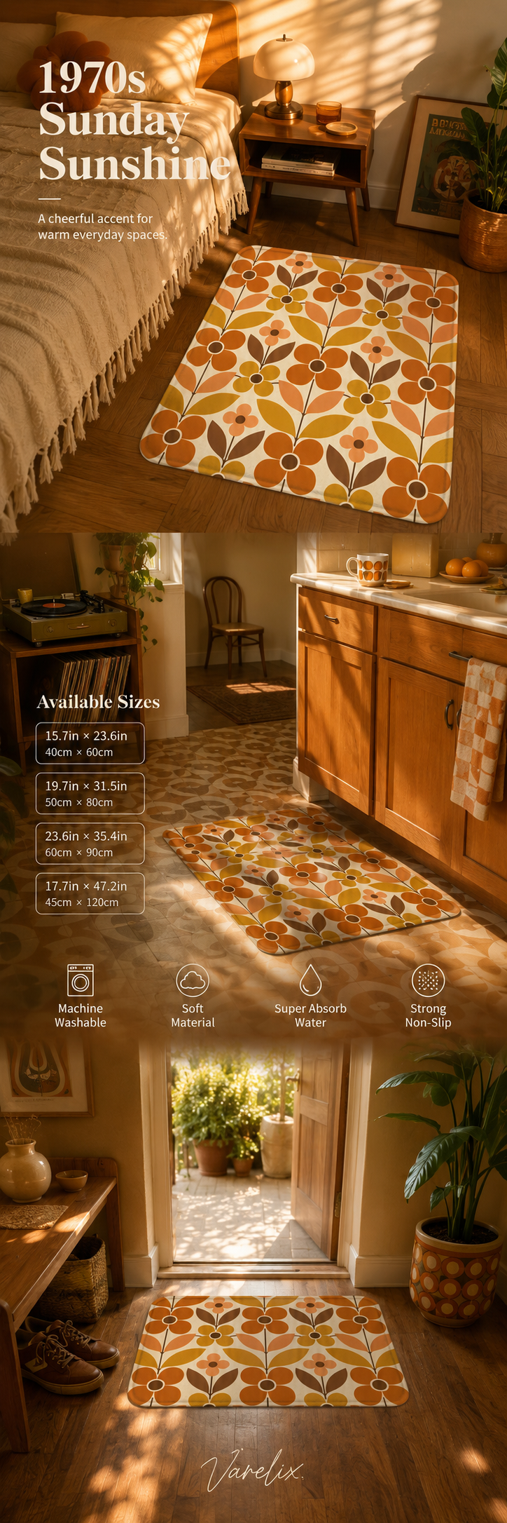A long brand infographic titled '1970s Sunday Sunshine' showing the floral rug in a bedroom, kitchen, and entryway with a sizing dimensions chart and icons for machine washable and strong non-slip.