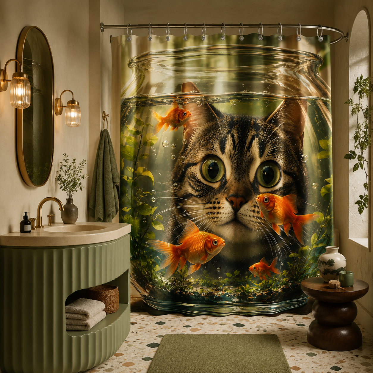 Vivid 3D effect cat and goldfish bowl shower curtain hanging next to a modern sage green fluted vanity.