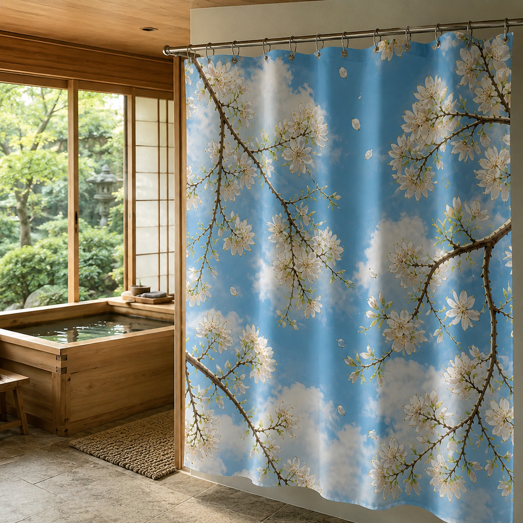 Cozy attic bathroom under a slanted skylight window, showcasing a blue shower curtain with white flowers next to a wooden vanity.