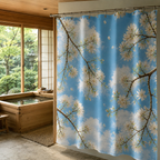 Cozy attic bathroom under a slanted skylight window, showcasing a blue shower curtain with white flowers next to a wooden vanity.