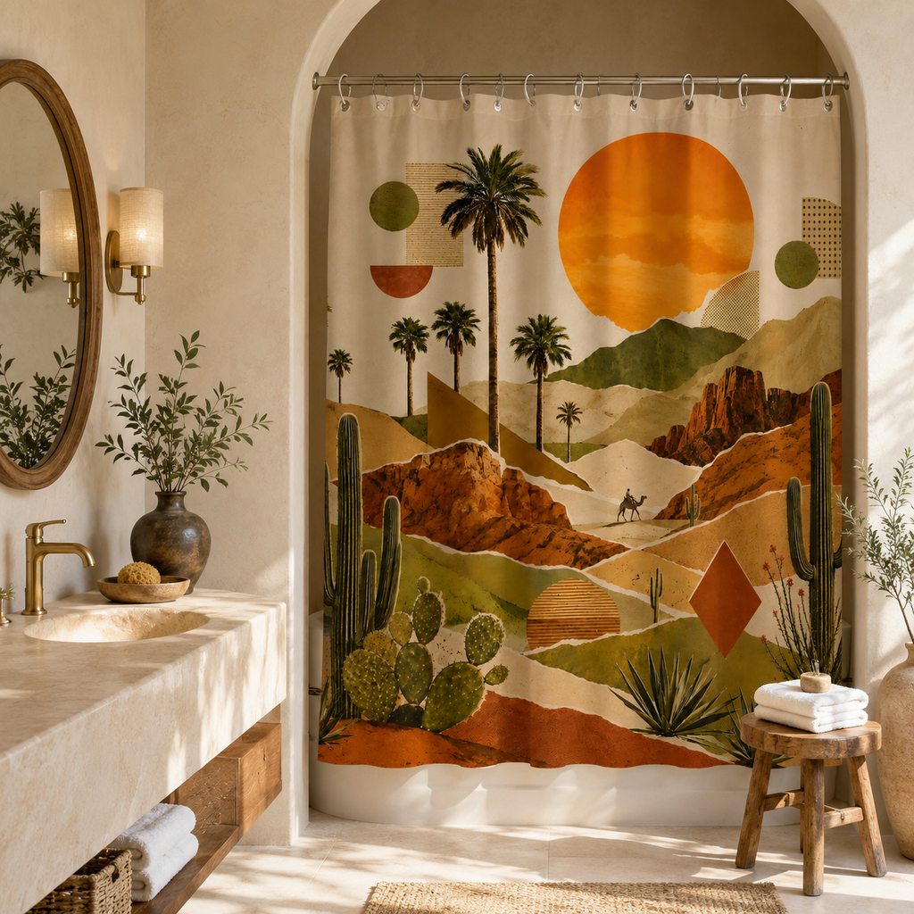 Abstract desert sun and cactus shower curtain complementing a textured wabi-sabi style bathroom with stone finishes.